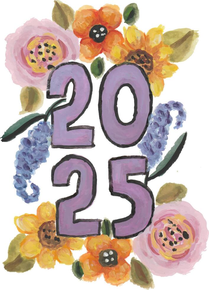 a watercolor illustration of the number 25 with flowers vector
