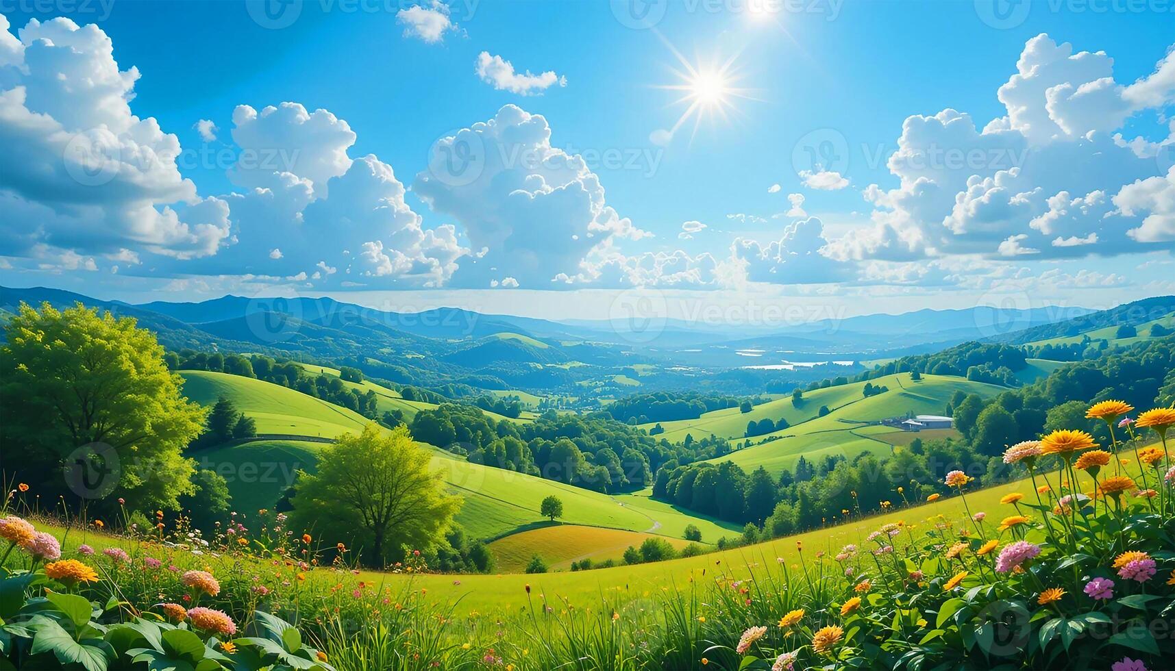 A breathtaking panoramic view of a rolling hills landscape filled with vibrant yellow wildflowers photo