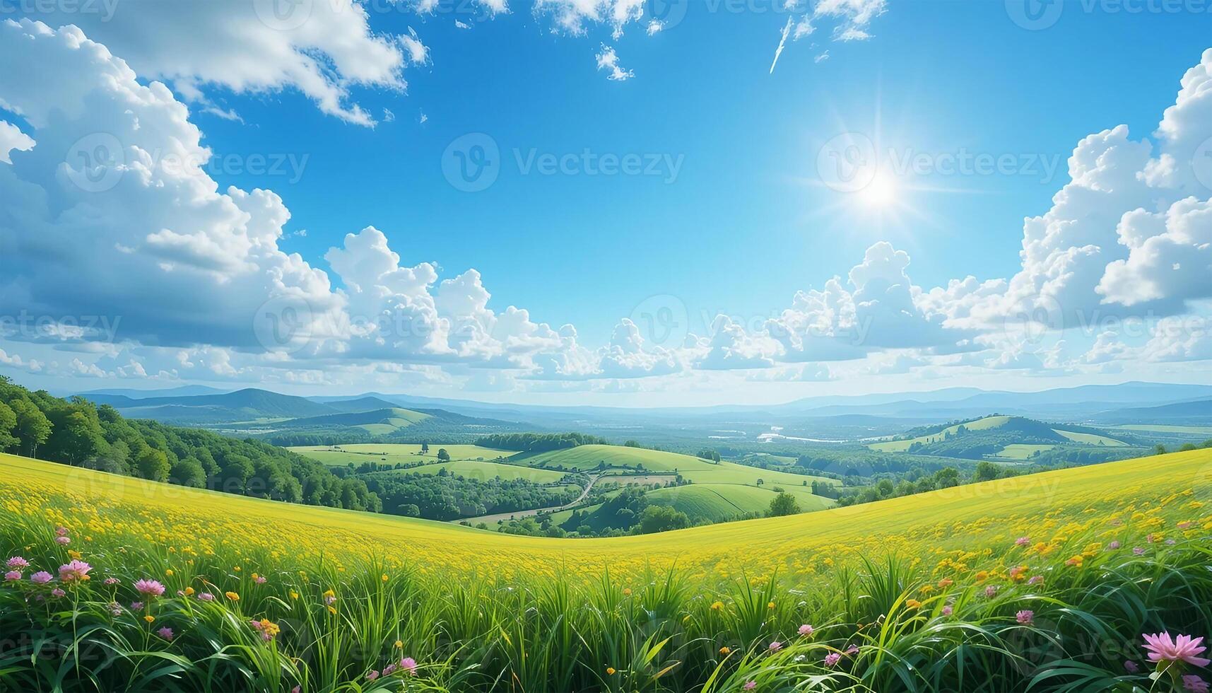A breathtaking panoramic view of a rolling hills landscape filled with vibrant yellow wildflowers and lush green grass. photo
