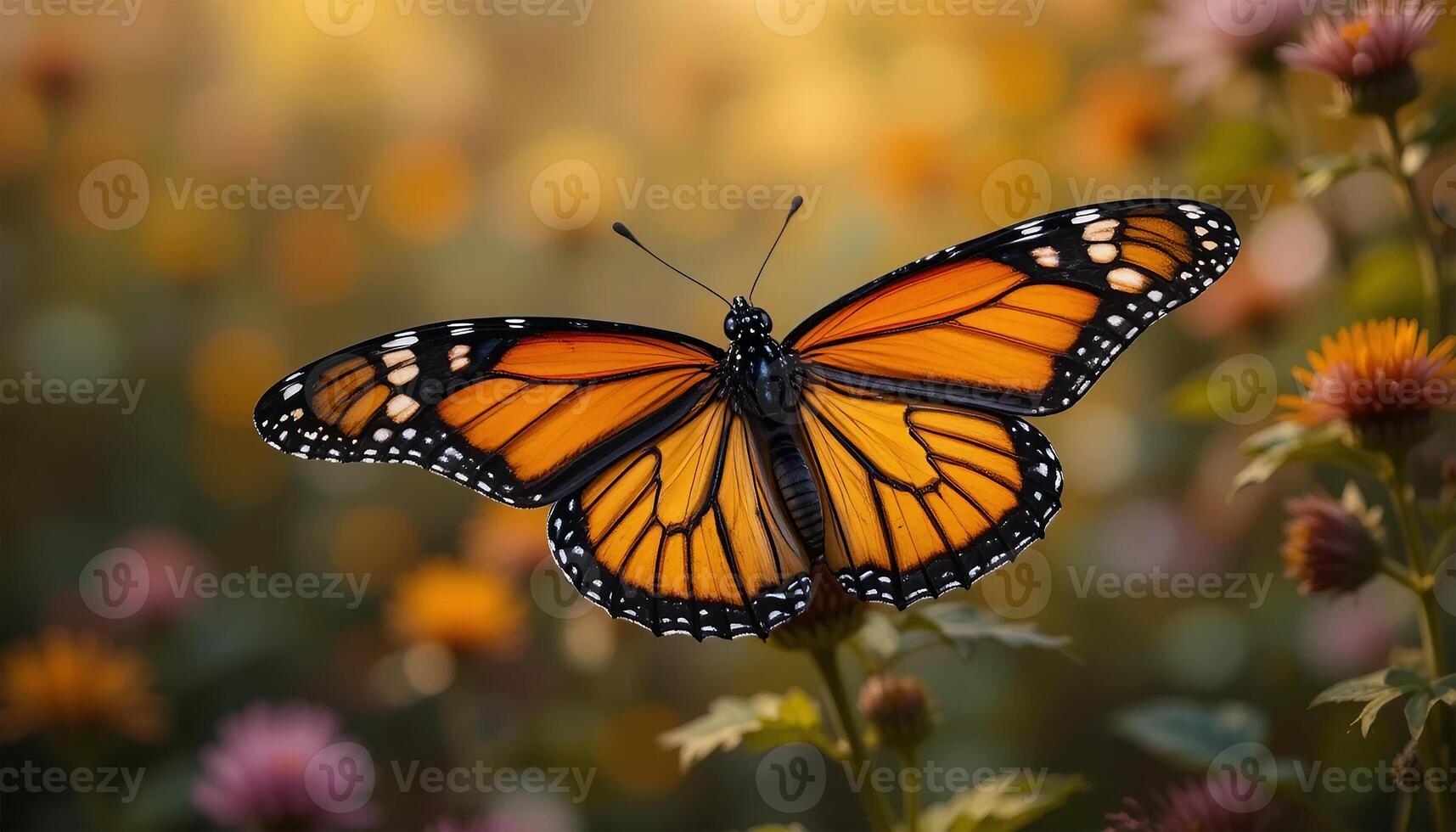 A stunning close-up of a Monarch butterfly, wings spread wide, poised amidst a field of delicate, soft-focus wildflowers. photo