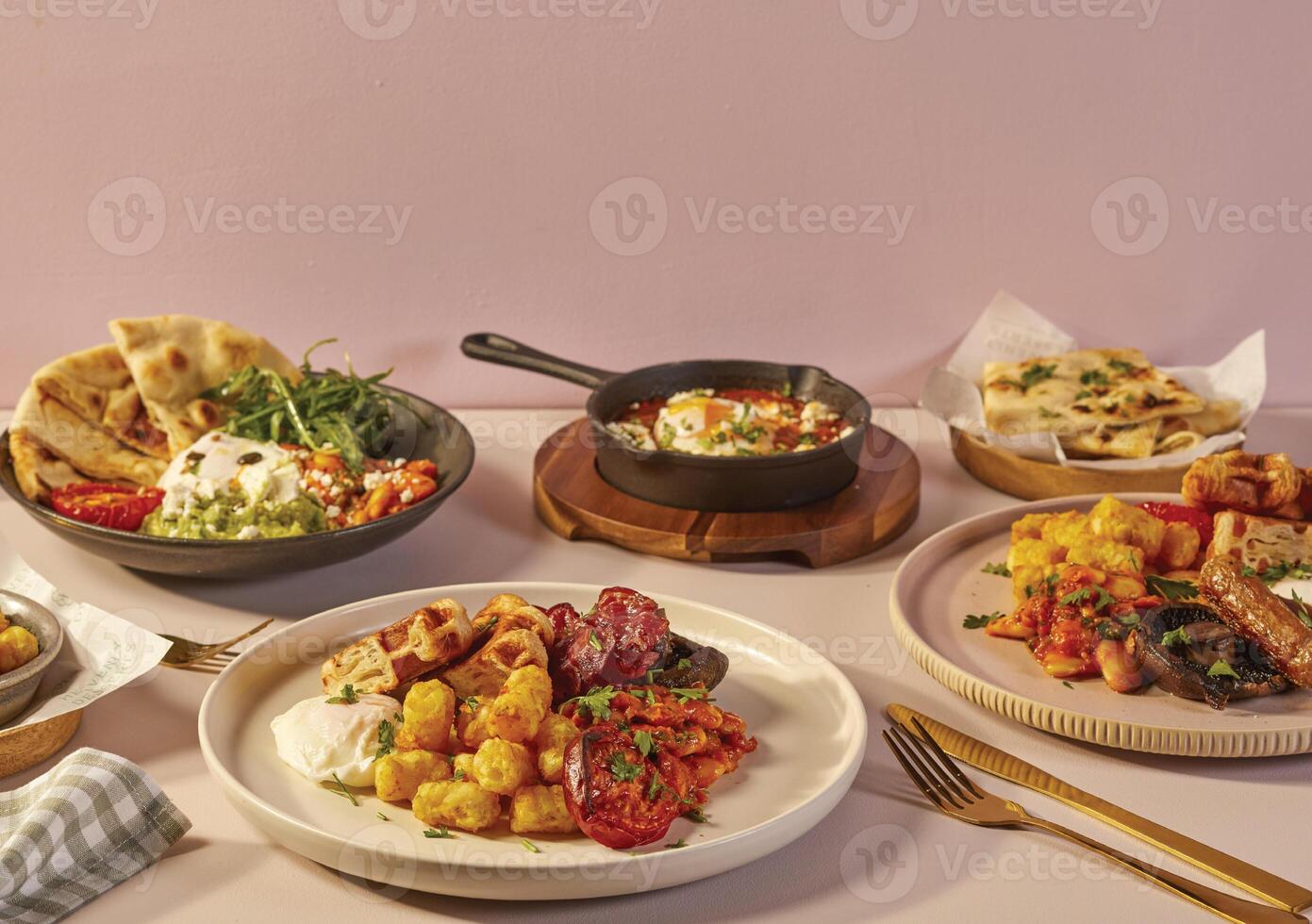 african a table topped with plates of food and drinks photo