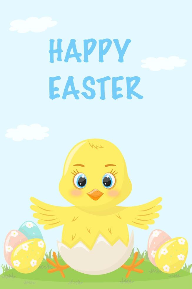 Easter card Chicken sitting in an eggshell on the lawn with eggs vector
