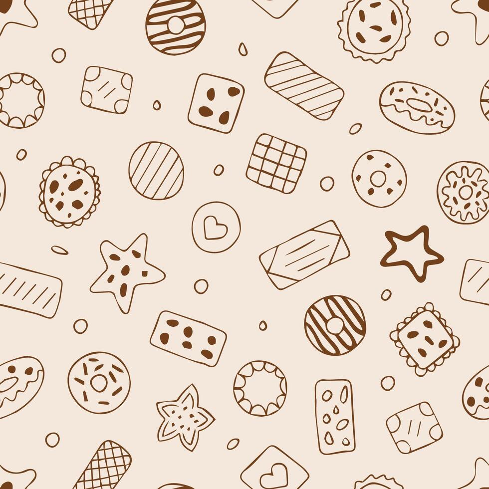 Seamless pattern with various cookies on a brown background vector