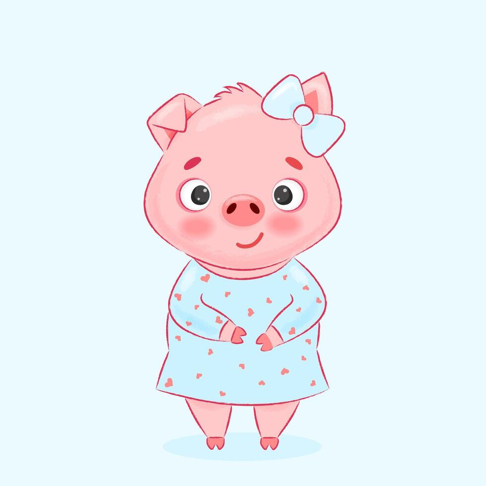 Cute Piggy Girl In Blue Dress vector