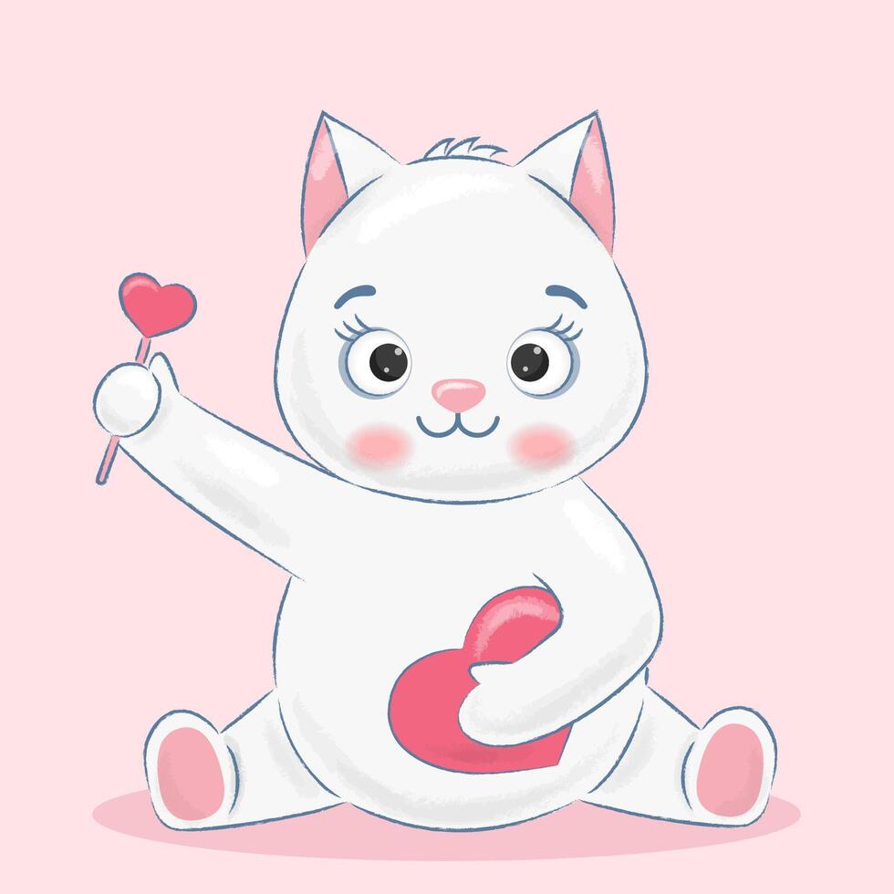 White cute cat holding candy and heart vector