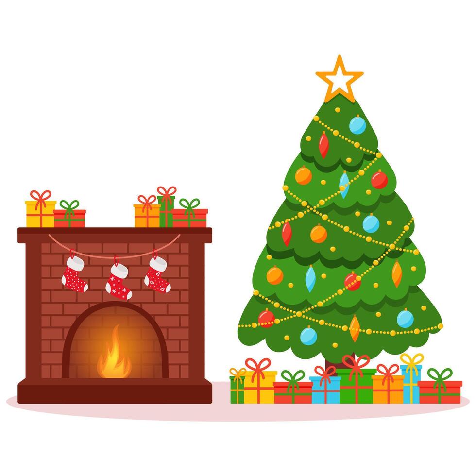 Christmas Tree with Gifts and Fireplace vector