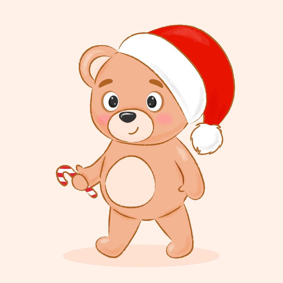 Cute bear in Santa Claus hat and with candy vector