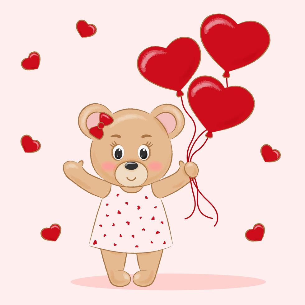 Cute Bear Girl Holding Heart-Shaped Balloons vector