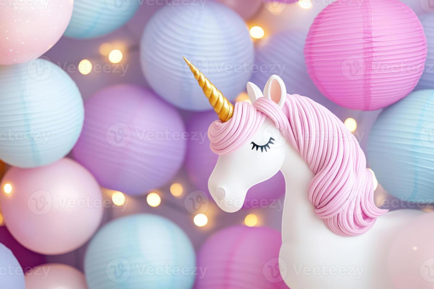 Enchanting magical festival with glowing pink and purple lanterns and a whimsical unicorn centerpiece creates a dreamy atmosphere photo