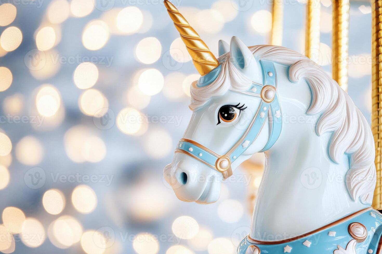 Glowing pastel carousel centerpiece featuring a unicorn theme, delighting a joyful crowd at a vibrant festival during the evening photo