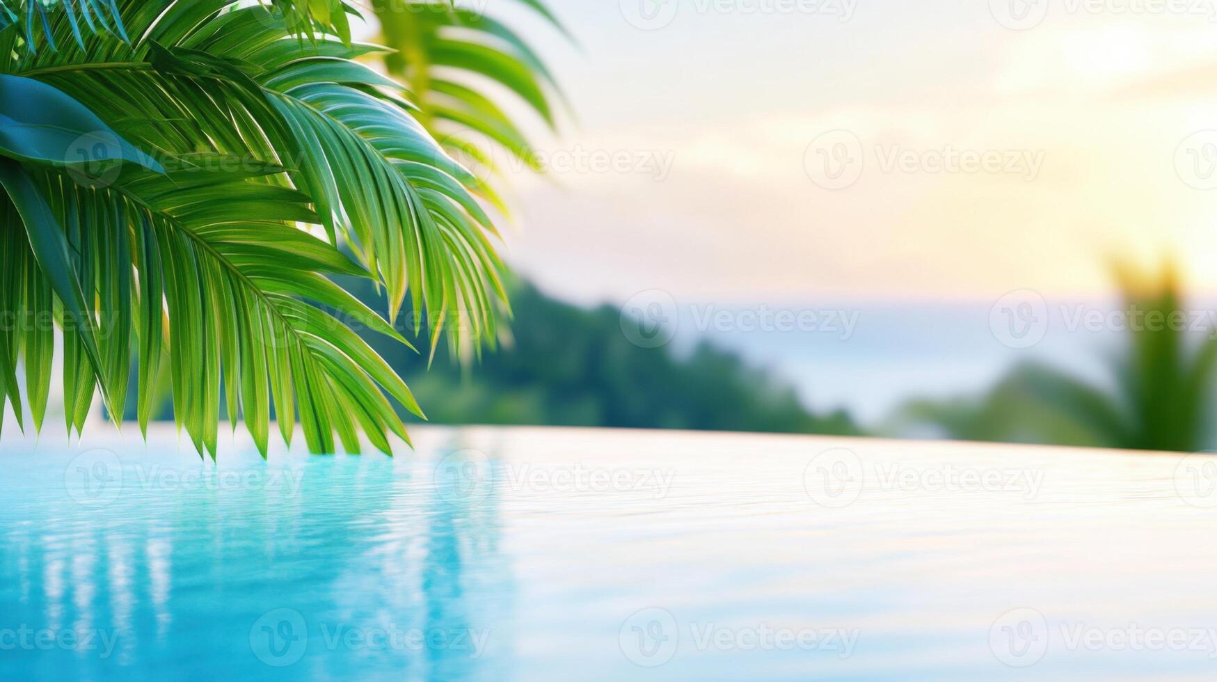 Stunning infinity pool at sunrise with tranquil water reflections and lush tropical greenery set against a colorful sky photo