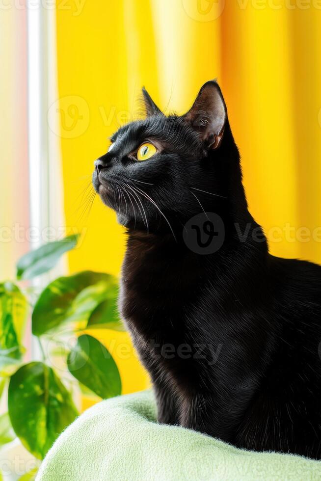 Black cat enjoying warm sunlight on a light green blanket by the window with yellow curtains in a cozy indoor setting photo