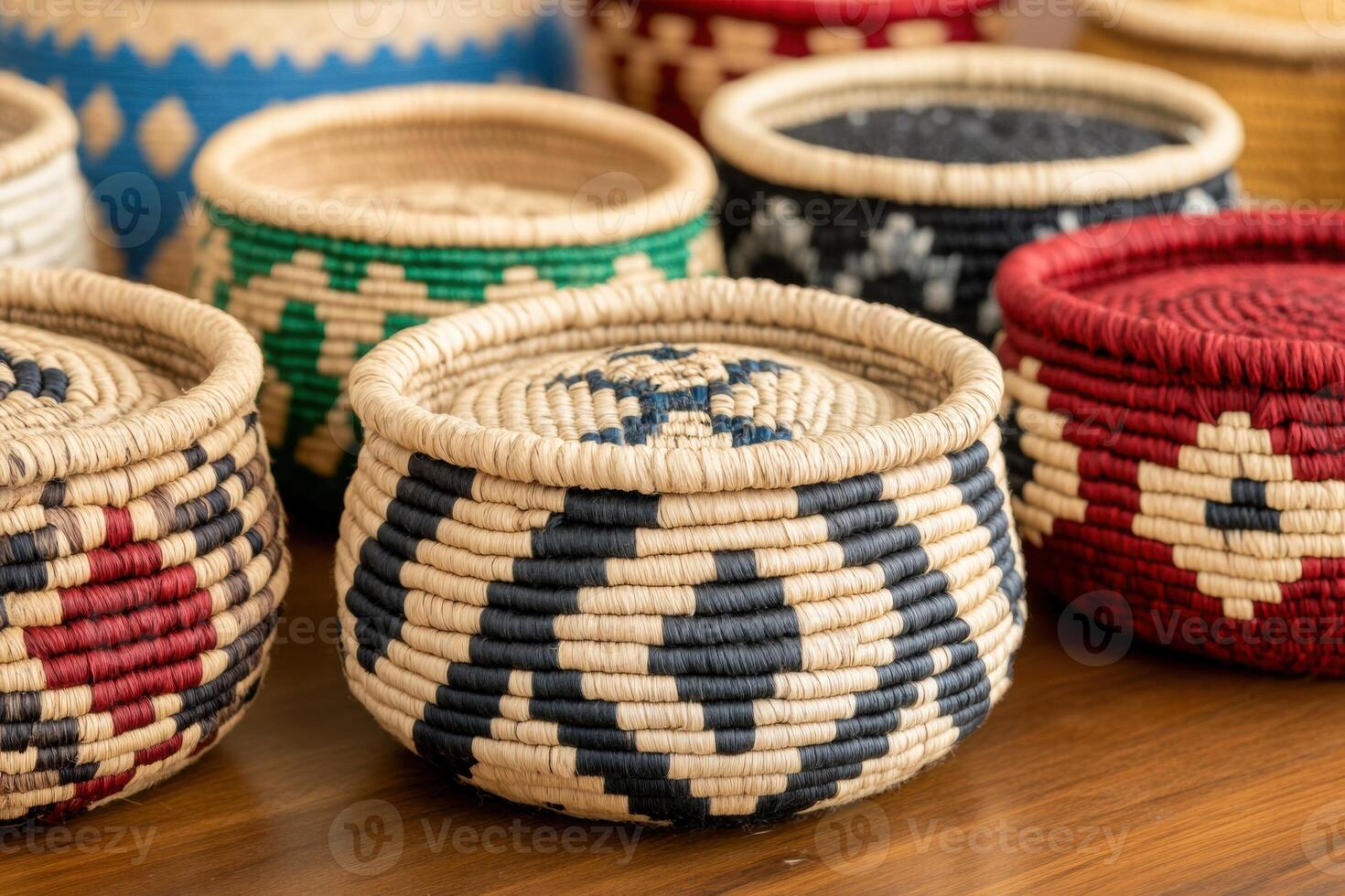 Collection of intricately woven Native American baskets showcasing natural fibers and geometric designs arranged on a wooden table photo