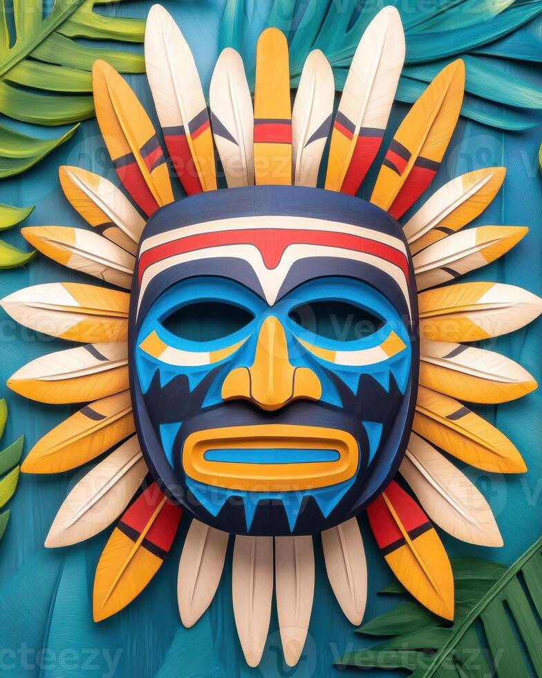 Vibrant Native American ceremonial mask intricately carved from wood, showcasing cultural artistry and natural textures photo