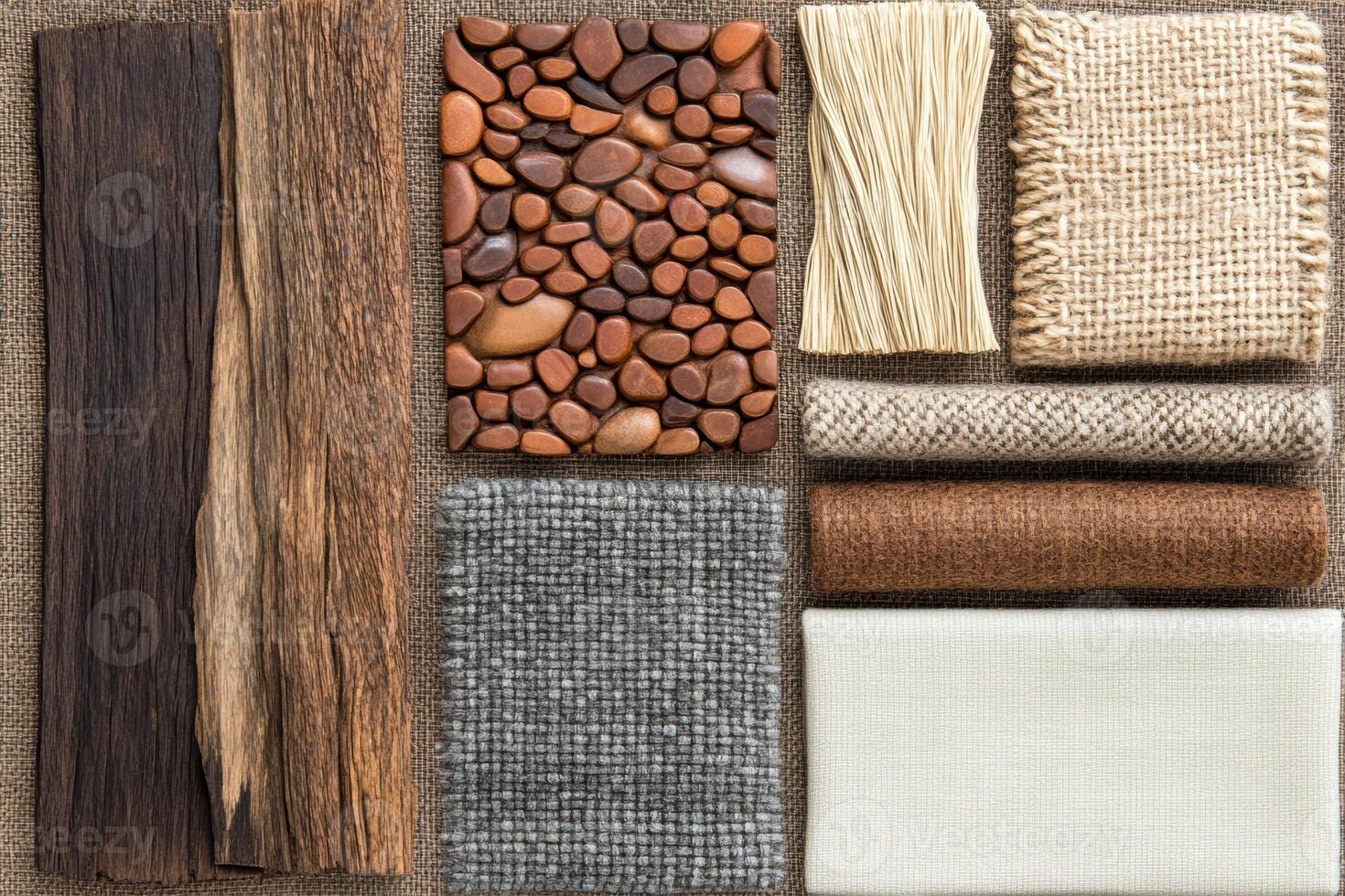 Mood board showcasing interior design elements with reclaimed wood, metallic accents, and plush fabrics in a warm, inviting arrangement photo