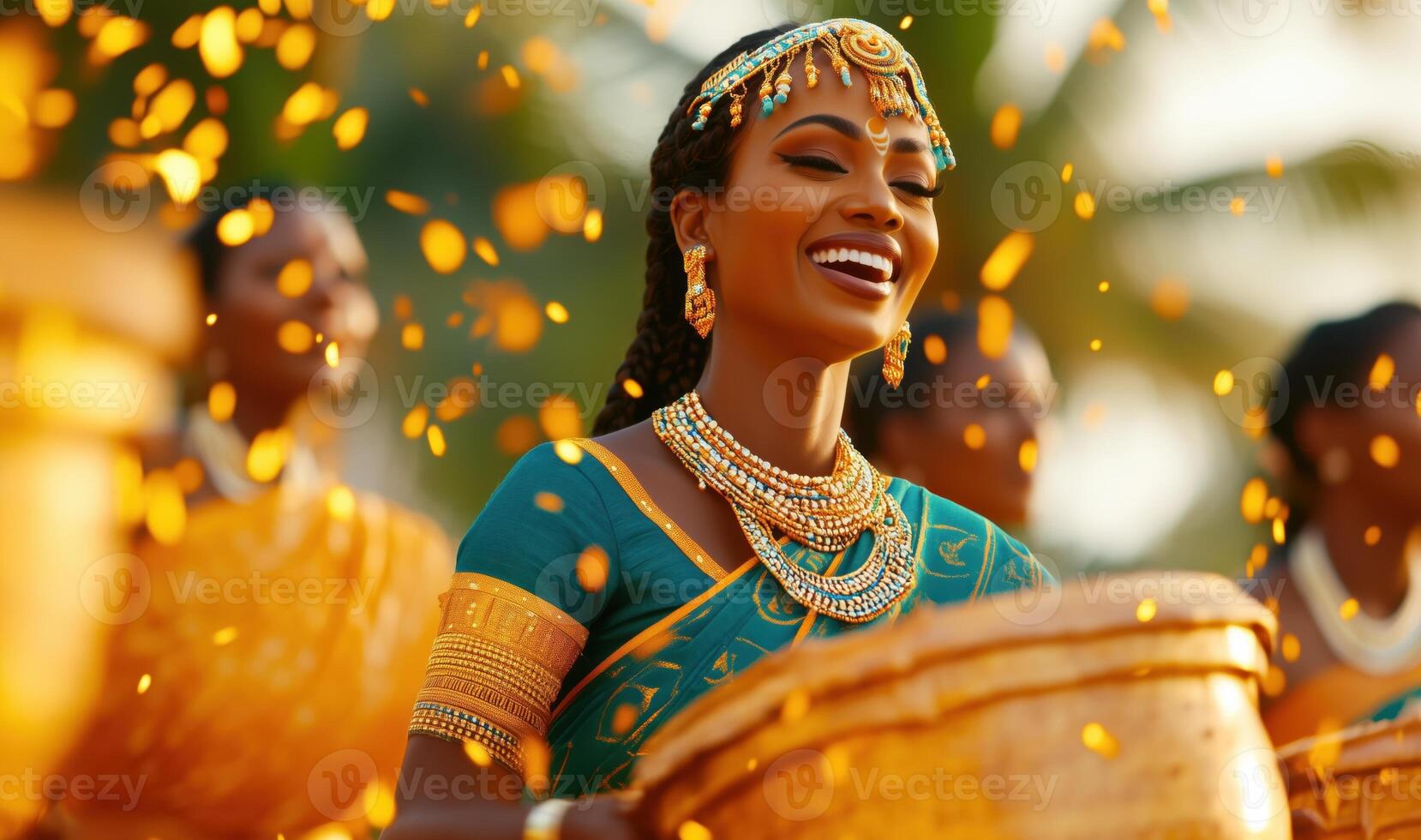 Vibrant tribal celebration featuring traditional dancers in colorful attire performing with drums in a festive atmosphere photo