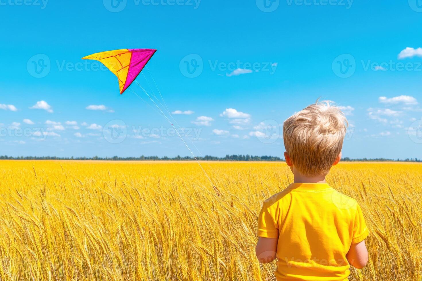 Young boy joyfully flies a vibrant kite in a sunny field on a bright day with blue sky and fluffy clouds photo