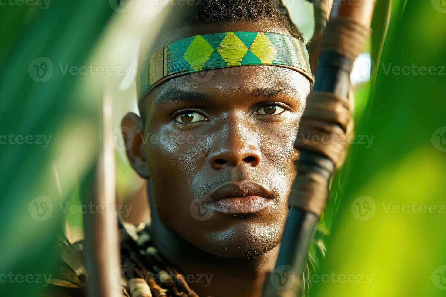 A group of tribal hunters with handmade weapons stands in a dense forest illuminated by natural light preparing for a hunting expedition photo