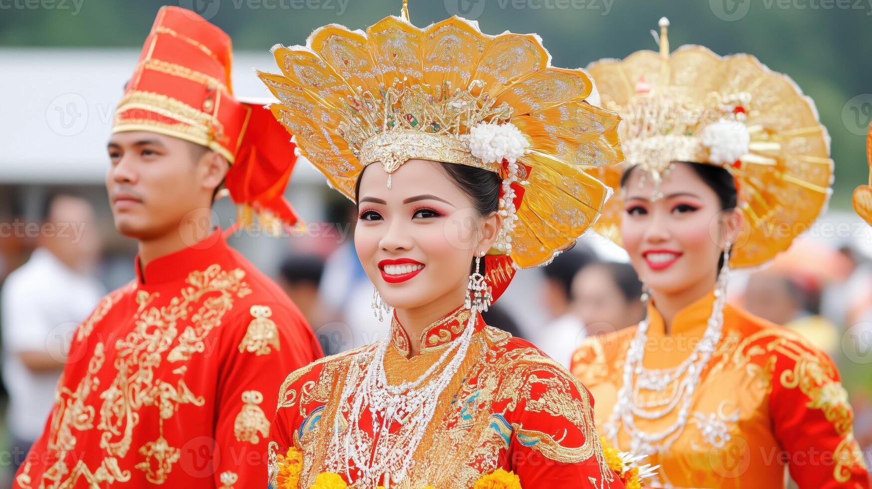 Traditional wedding ceremony in a vibrant ethnic village showcasing cultural attire and celebratory atmosphere photo