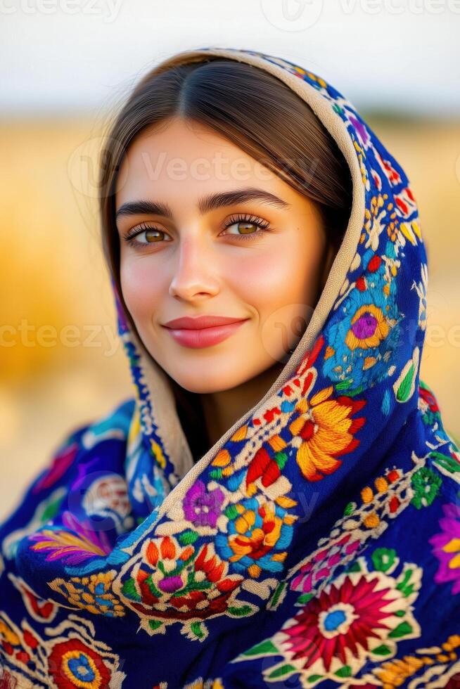 Woman in traditional clothing wearing a deep plum-purple scarf with intricate embroidery, seated outdoors under a pale sky, showcasing cultural heritage and beauty photo