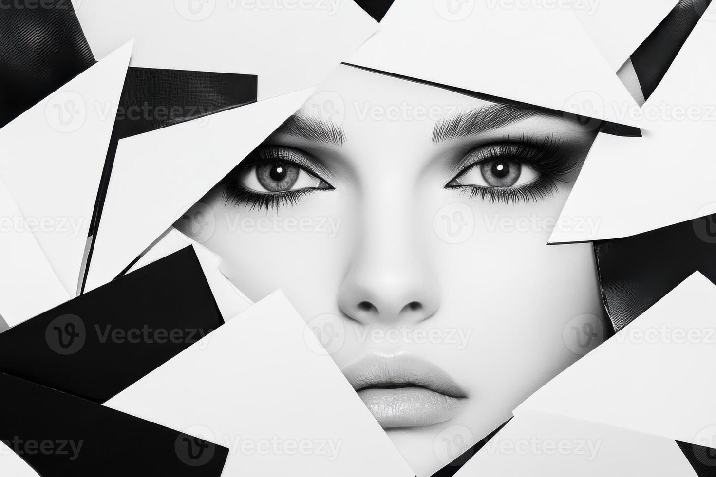 High-contrast mood board showcasing dramatic lighting and bold geometric shapes with a striking monochrome face emerging from sharp angles photo
