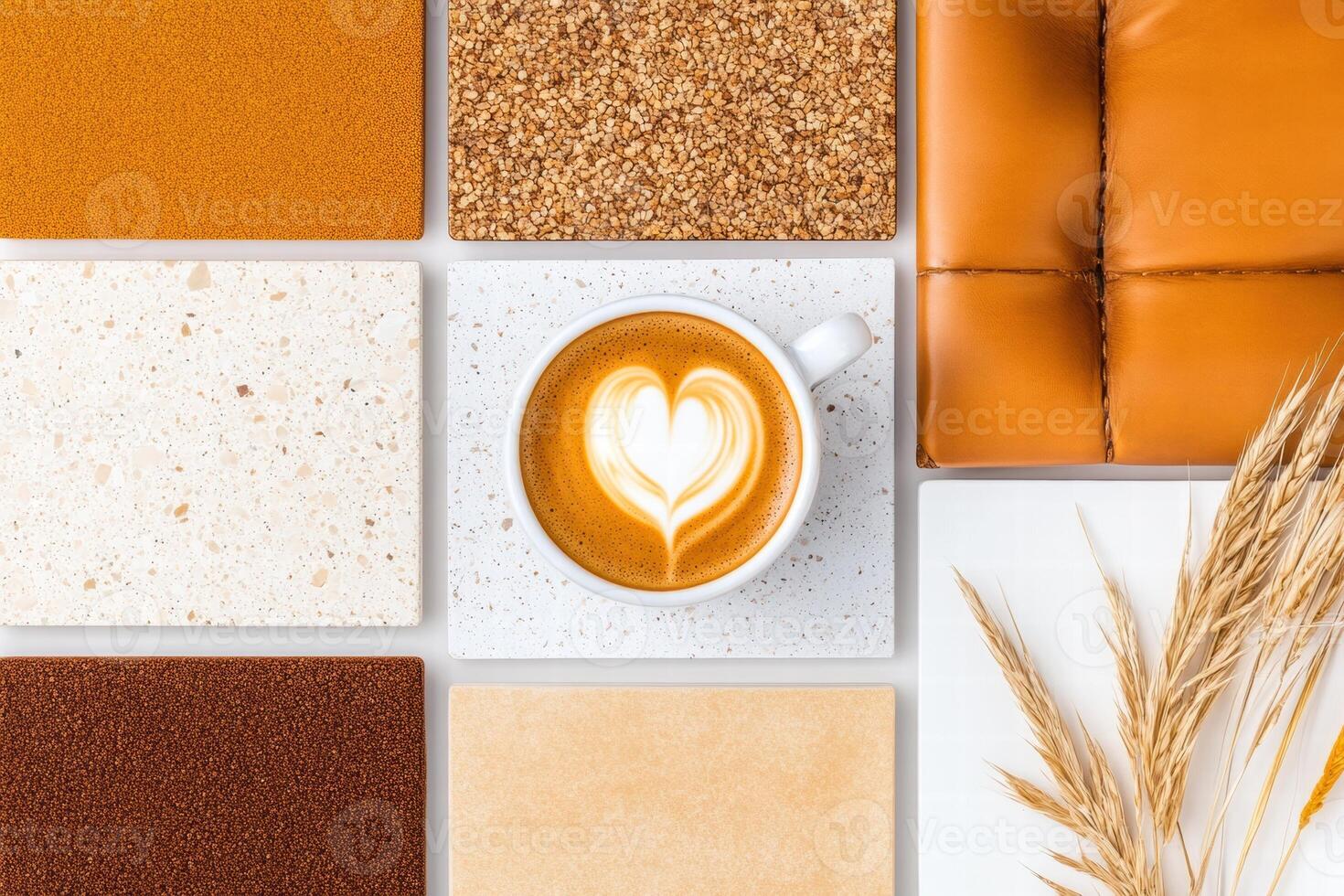 Cozy rustic interior mood board showcasing warm-toned furniture and a soothing coffee setup for a tranquil atmosphere photo
