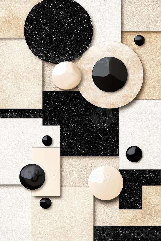 High-contrast mood board showcasing glossy textures and bold geometric shapes with dramatic black and white tones creating a striking visual impact and artistic expression photo