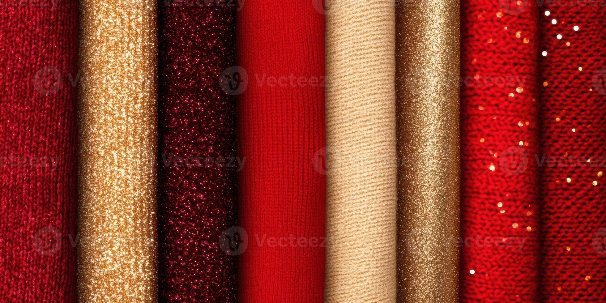 Festive mood board showcasing a rich red and gold color palette with sparkling textures and cozy fabrics for holiday design inspiration photo