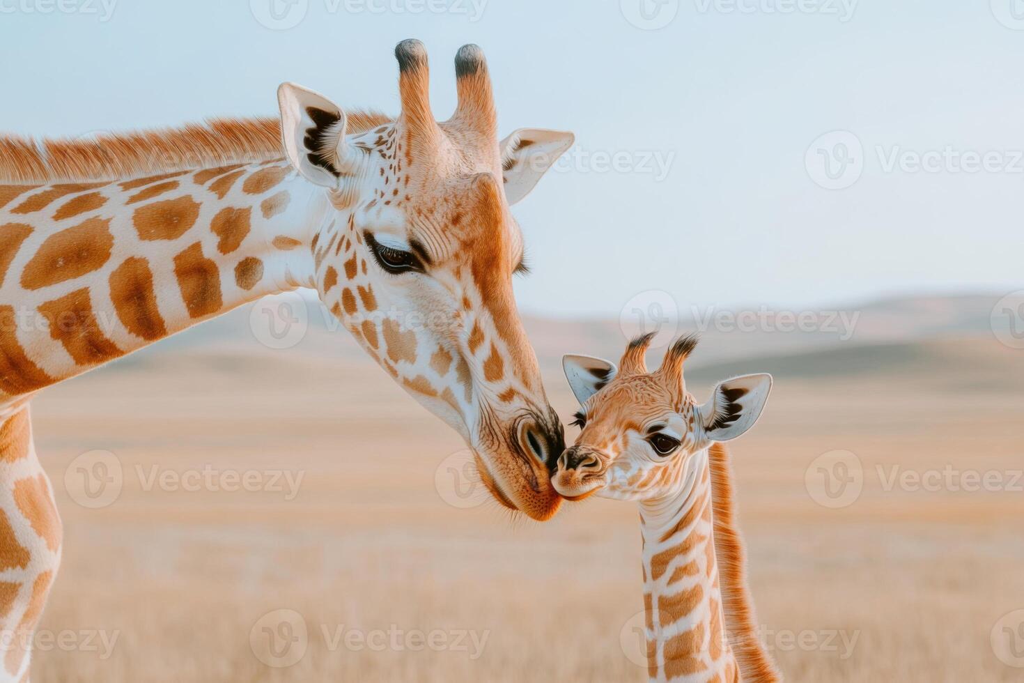 Giraffe bends down to nuzzle its calf in a wide savanna plain under soft golden light during a serene moment in nature photo