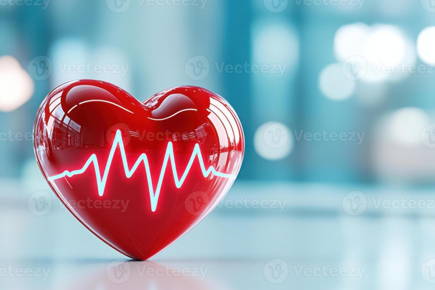 Red heart with glowing white ECG line in modern hospital setting highlighting health and wellness photo