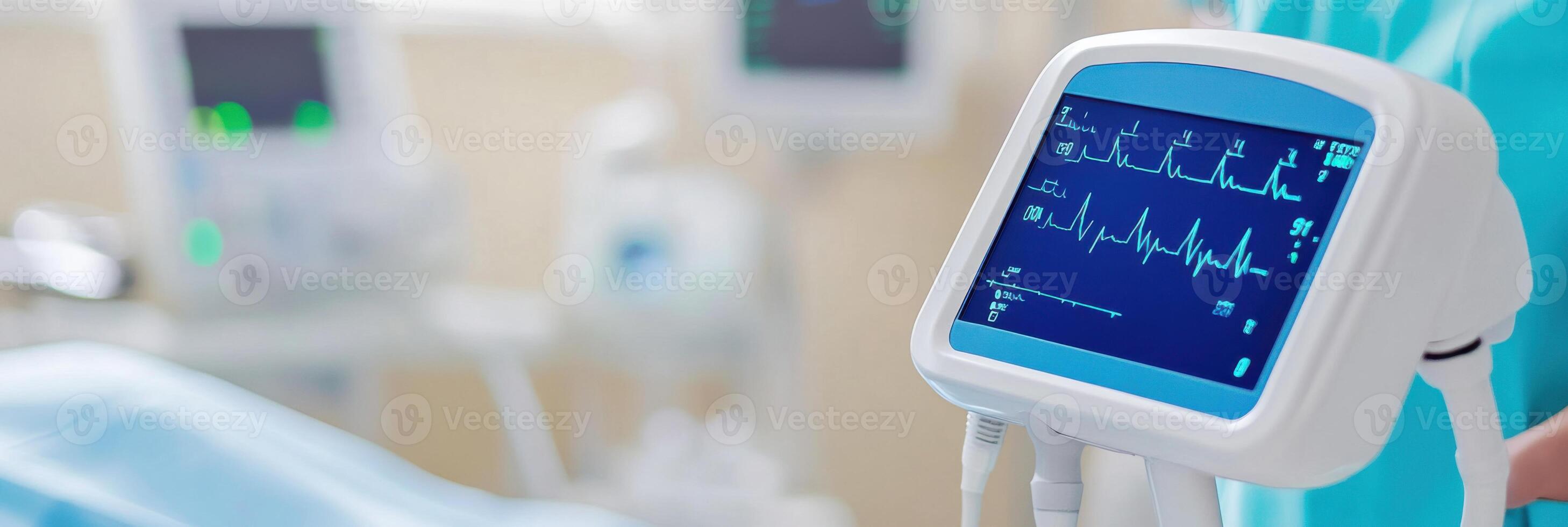 Close-up view of a hospital heart rate monitor showing real-time ECG readings and advanced medical devices in the background photo