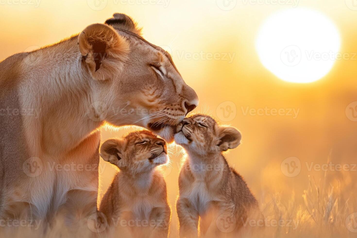Lioness gently groom her playful cubs under the golden savanna sunset with soft shadows on a grassy field photo