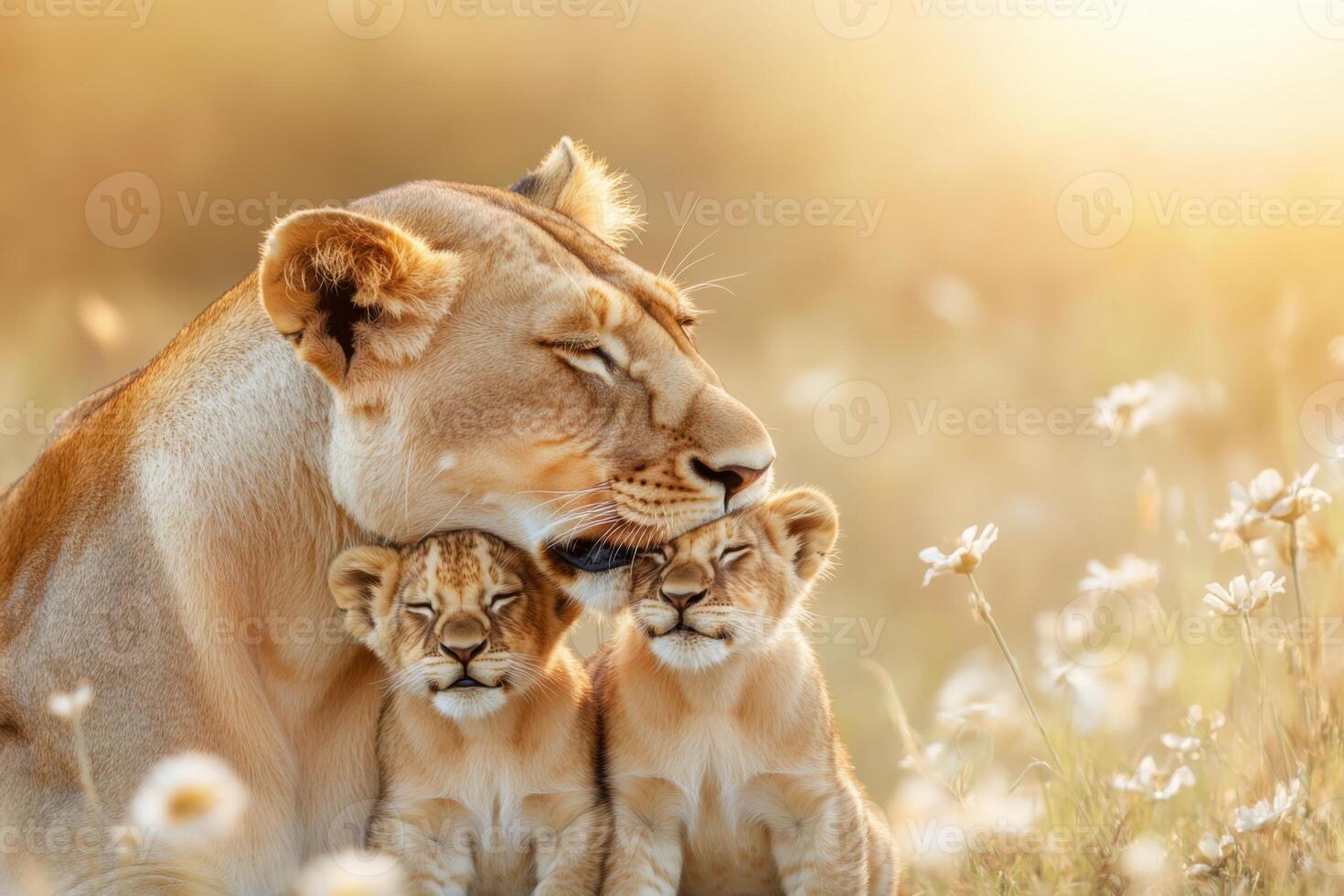 Lioness tenderly interacts with her playful cubs during a stunning golden savanna sunset in a serene grassy field photo