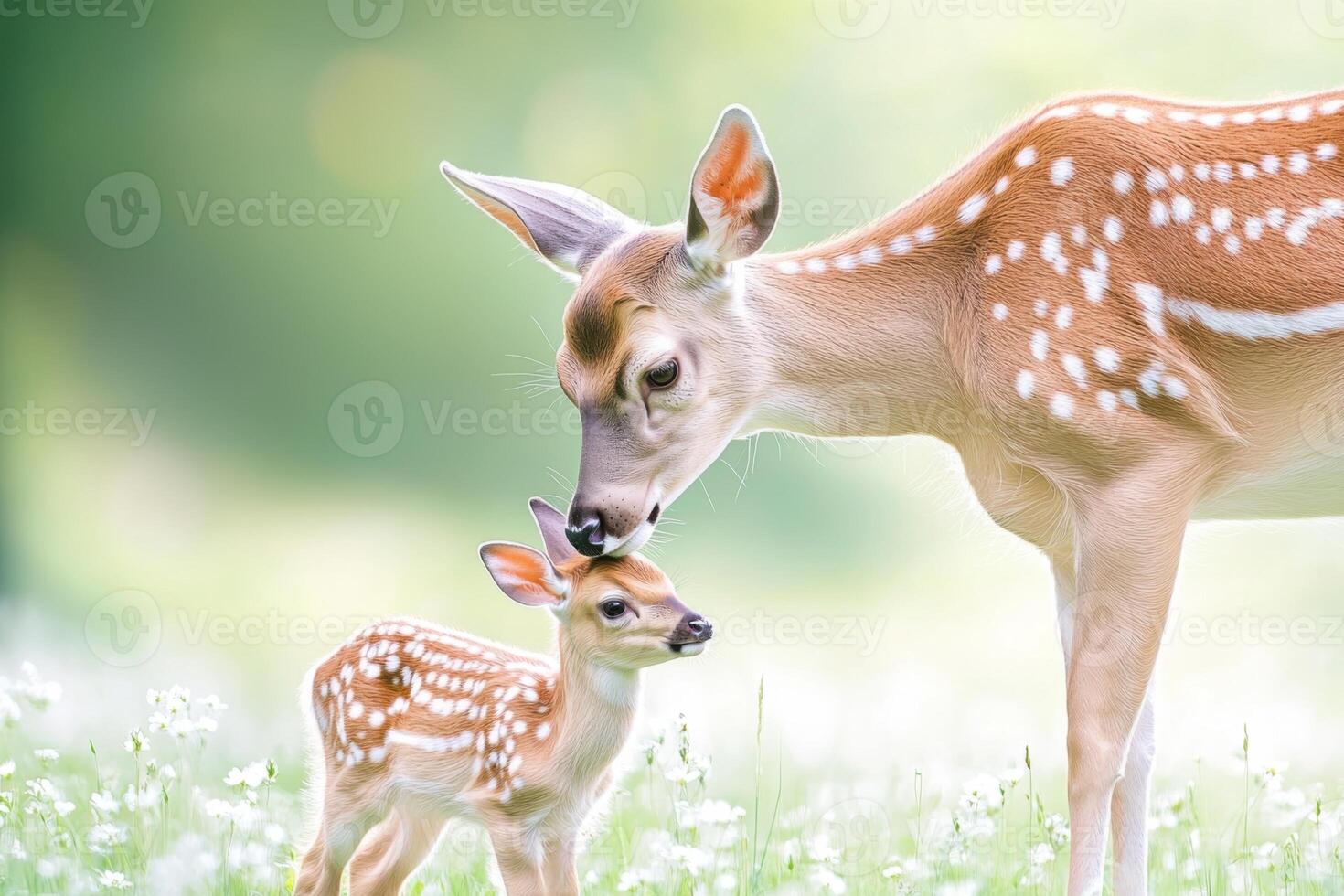 Deer gently nuzzling fawn in a wildflower meadow under soft morning light photo