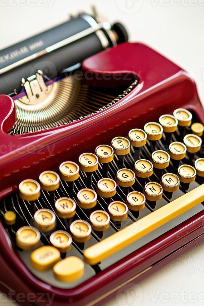 Vintage typewriter in deep burgundy with mustard-yellow keys on a clean white desk illuminated by natural light photo