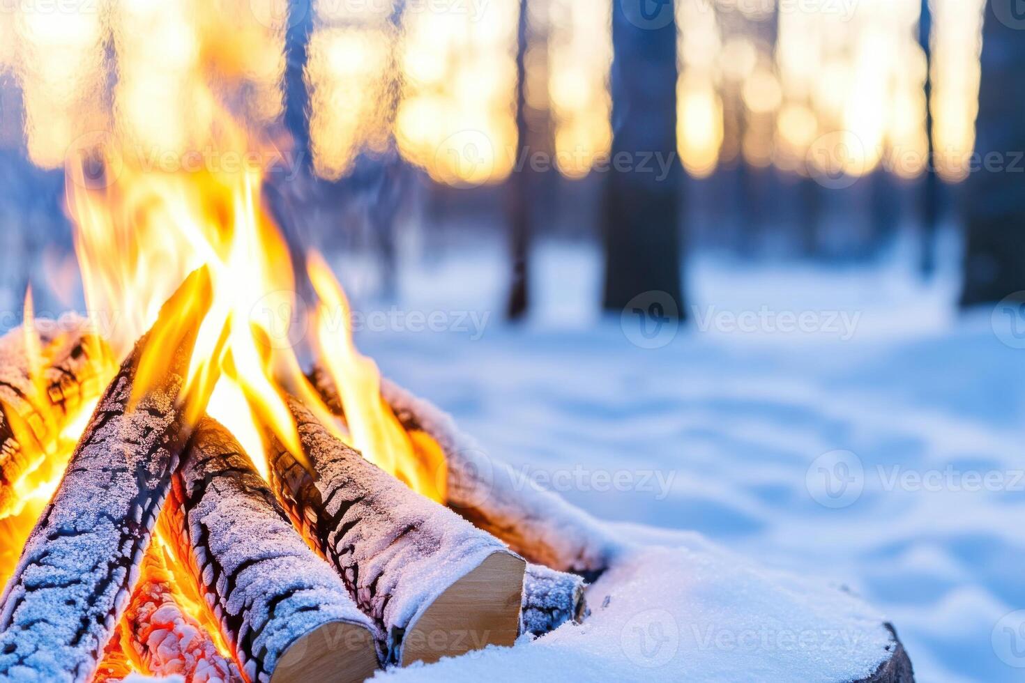 Campfire crackles warmly in a snowy forest surrounded by frost-covered trees during a winter twilight photo