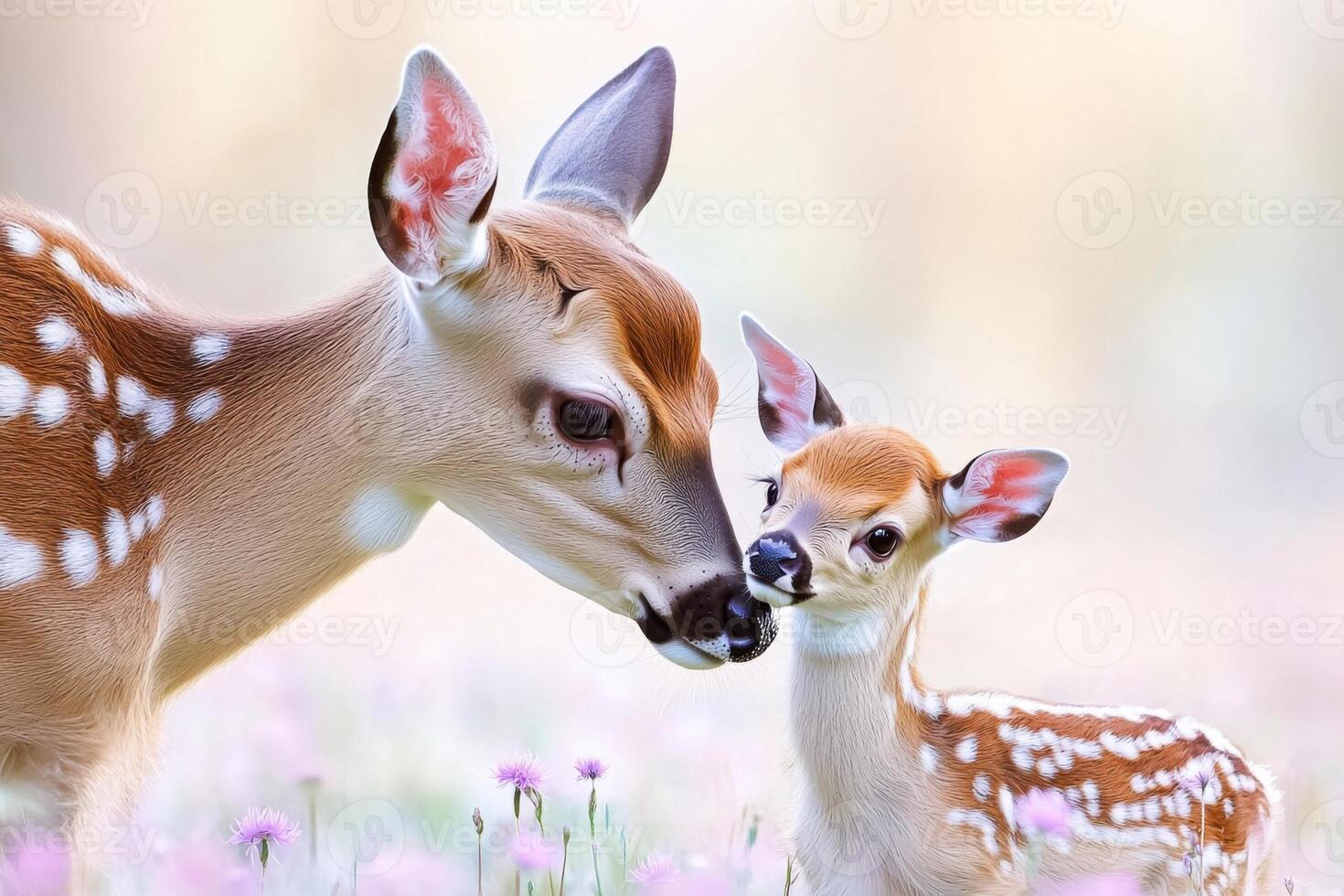 Soft morning light illuminates a deer nuzzling its fawn in a meadow filled with wildflowers, creating a tranquil and intimate moment in nature photo