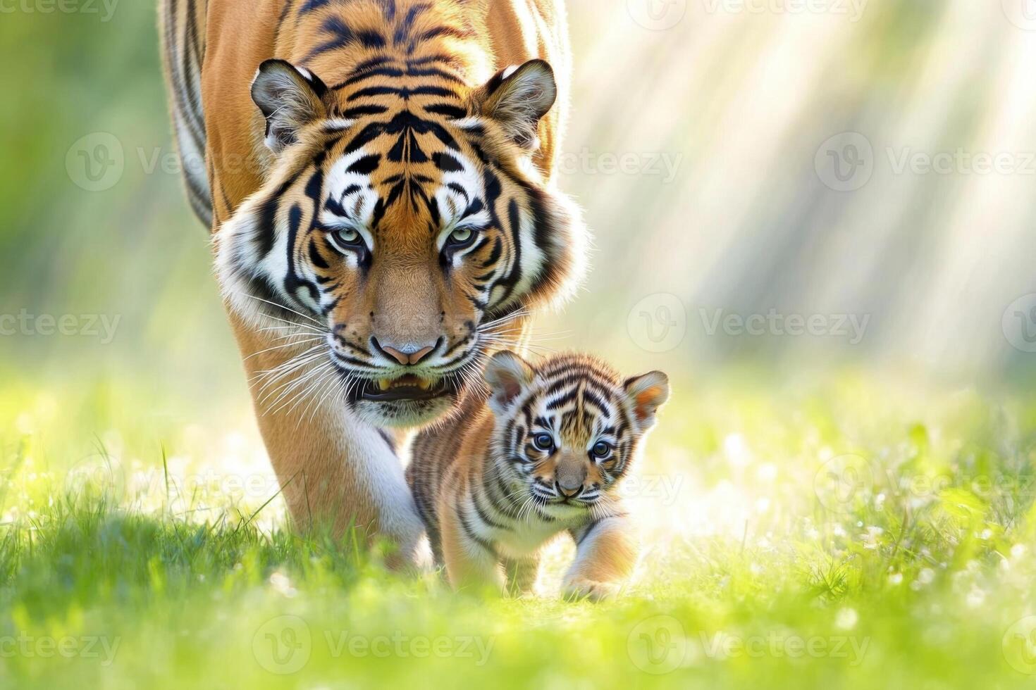 Tiger carries its cub through lush jungle with soft lighting and warm ambiance creating a serene atmosphere photo