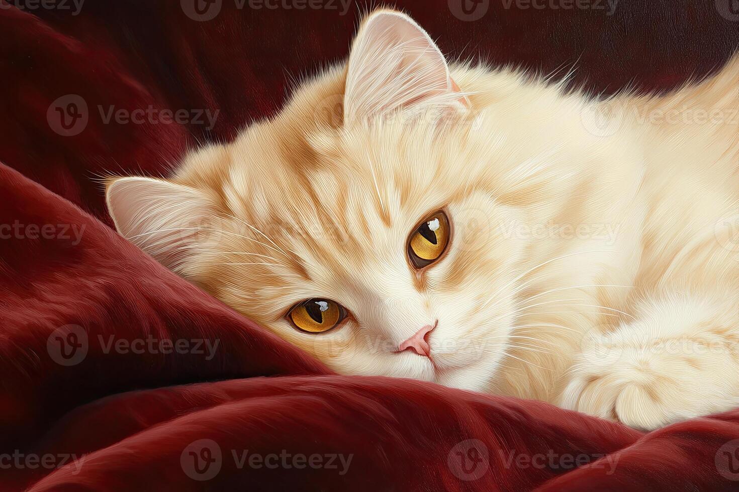 Close-up view of a white cat with mustard eyes resting on a soft burgundy blanket in natural light highlighting its fur and relaxed expression photo