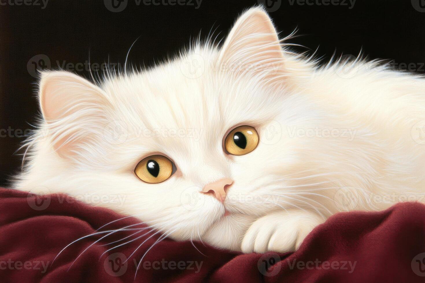 Close-up view of a white cat with mustard eyes peacefully resting on a burgundy blanket in soft natural light photo