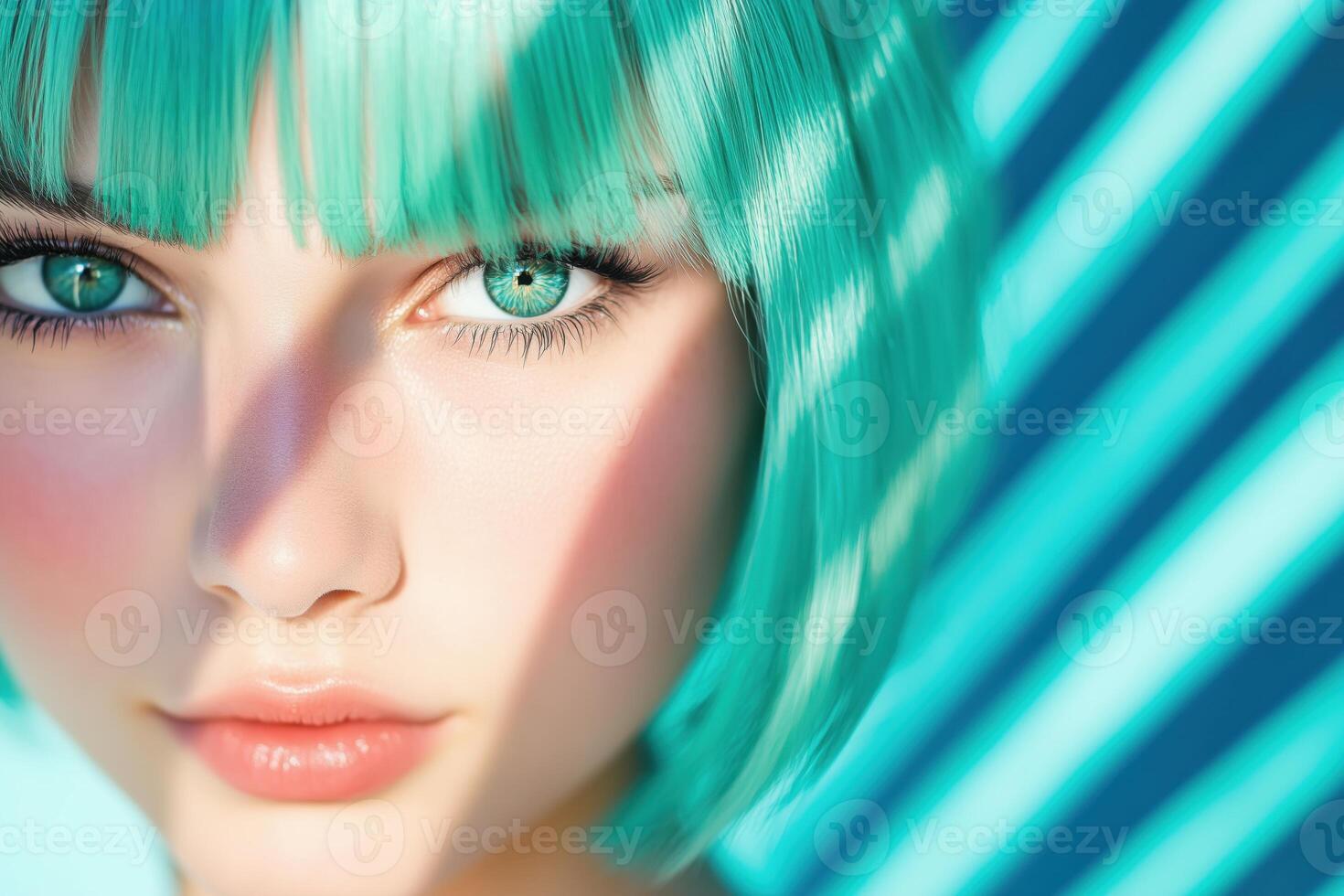 Girl with teal hair stands in front of navy-blue graffiti wall under soft evening light showcasing vibrant colors and urban art photo