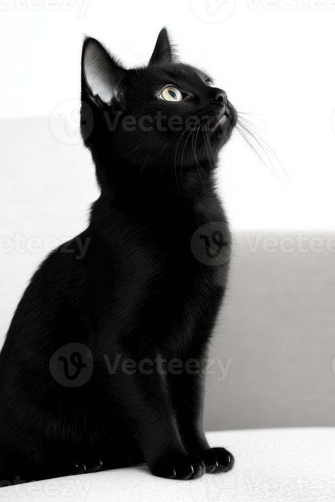 Sleek black cat sitting gracefully on a light gray sofa with glowing eyes in soft light photo