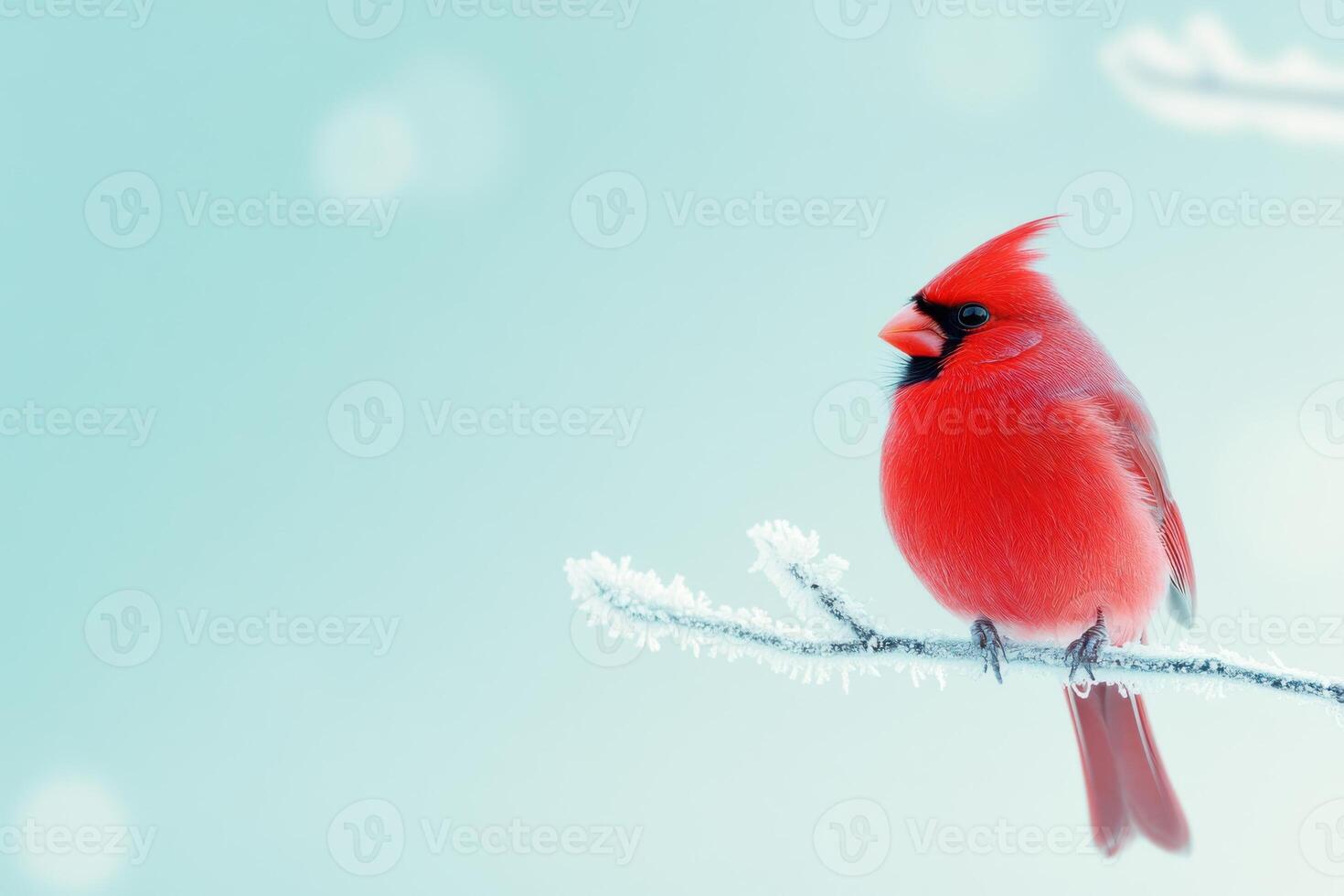 Bright red cardinal perched on a frosty branch against a soft blue sky creating a serene winter atmosphere photo