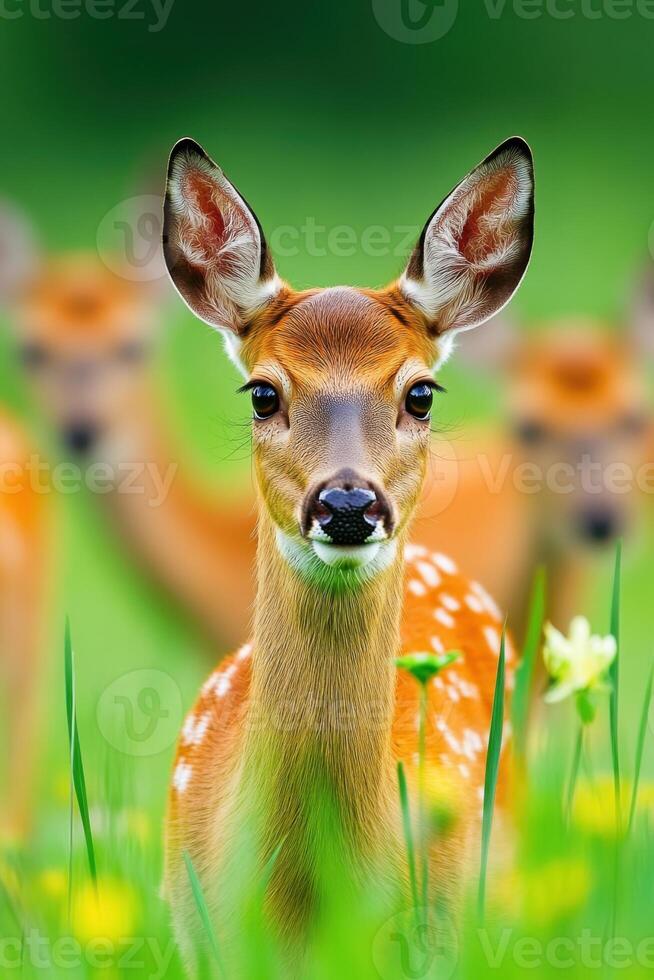 Herd of deer foraging in a lush green field surrounded by nature during the day photo
