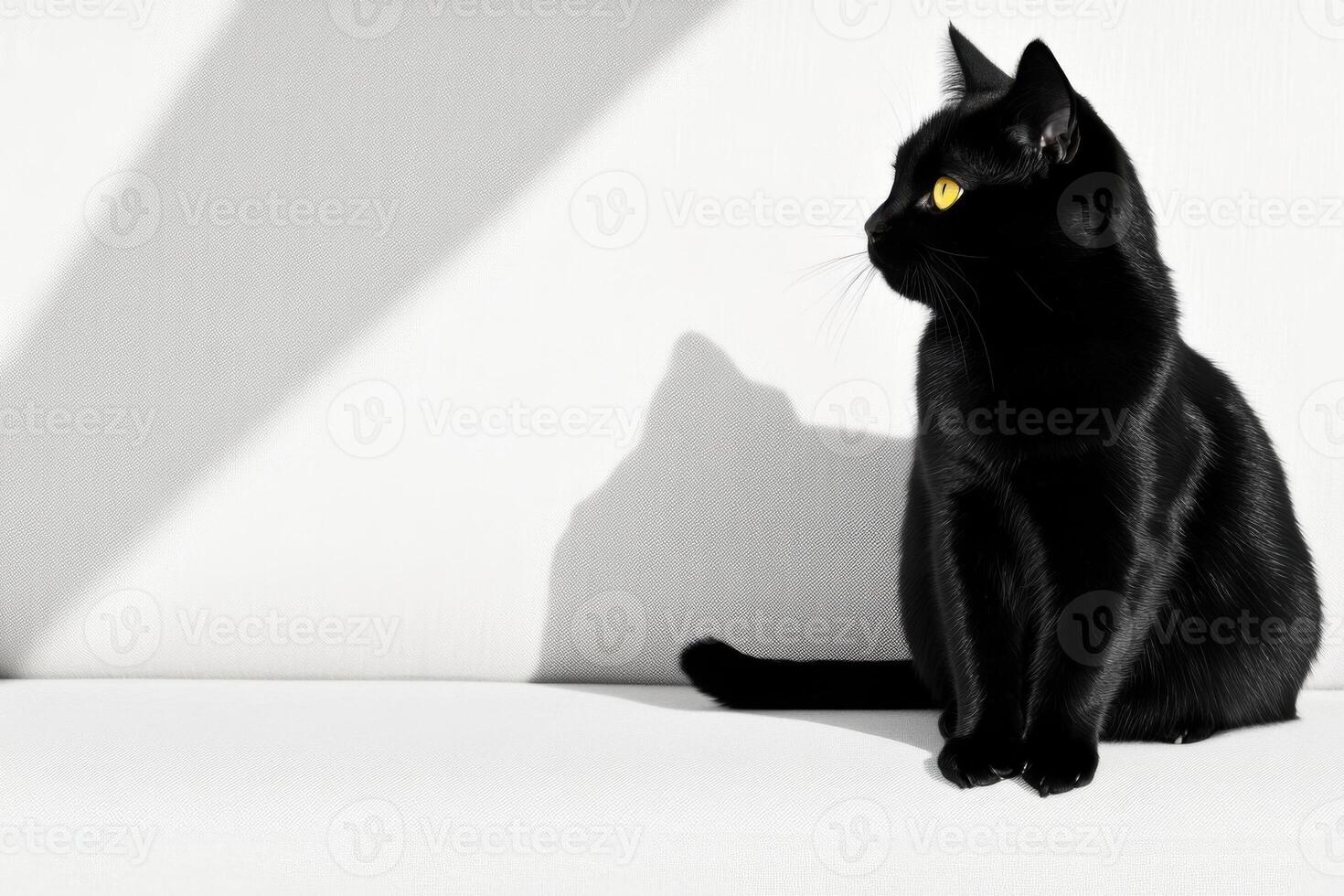 Sleek black cat sitting gracefully on a light gray sofa with glowing yellow eyes in soft ambient light photo