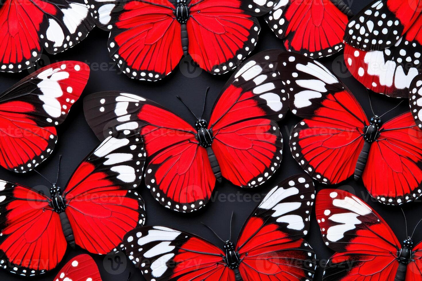 Vibrant red butterflies with striking black and white patterns cluster together against a dark backdrop, showcasing natures beauty and intricacy in detail photo