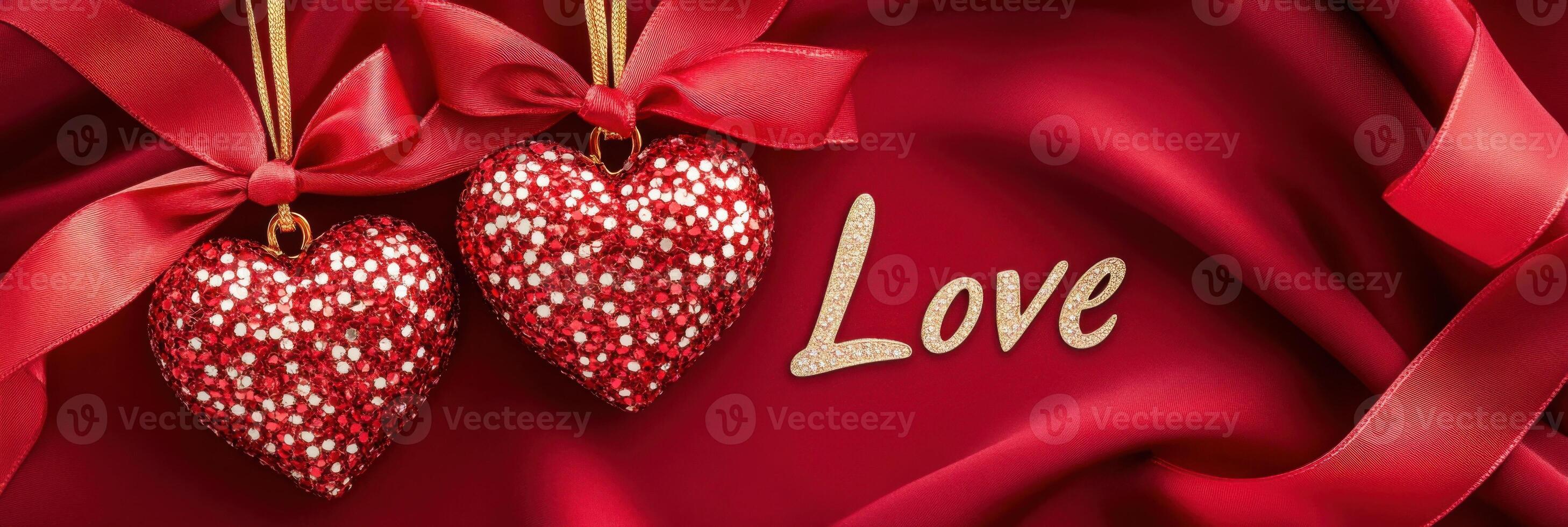 Heart-shaped pendants elegantly tied with red ribbons resting on a luxurious silk background featuring a love quote in cursive style photo