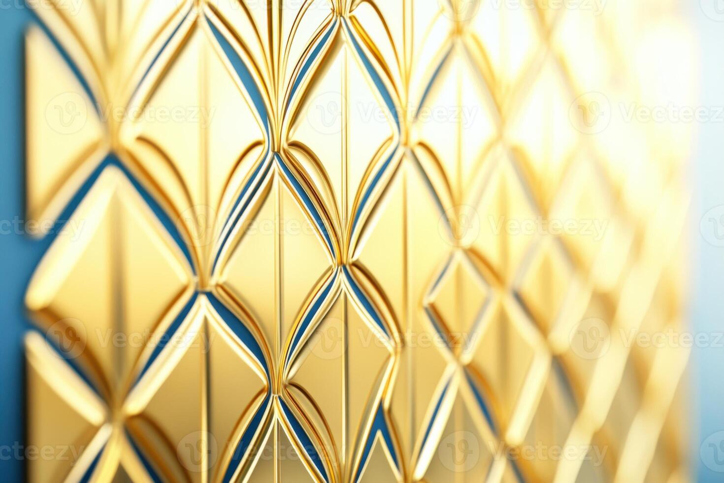 Gold Art Deco wall sconces with geometric designs and cream glass panels styled against a navy blue background photo