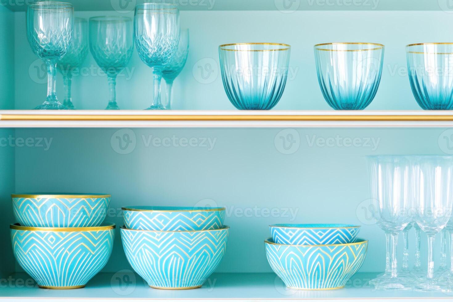 Luxurious Art Deco home bar showcasing geometric design with gold shelving and vibrant turquoise glassware, complemented by cream accents for elegance and charm photo