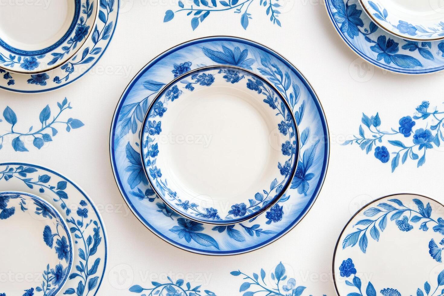 Elegant arrangement of porcelain tableware with floral patterns on a white tablecloth for a stylish dining experience photo